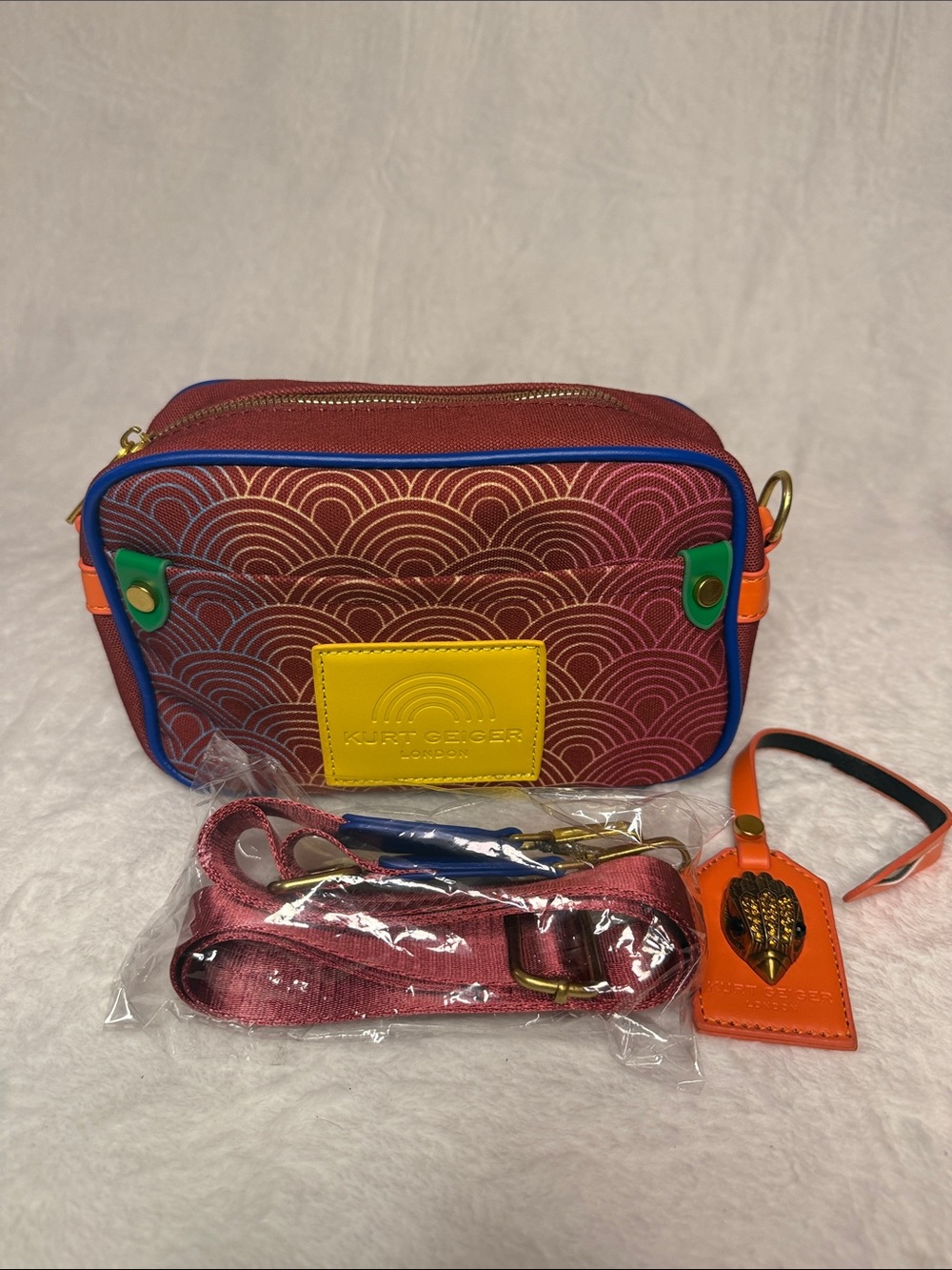 Multicolor Patterned Crossbody Bag with Yellow Patch